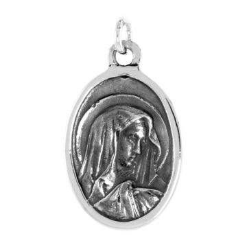 Picture of Sterling Silver Virgin Mary and St Peregrine Medal Necklace Oxidized finish Oval 1.8mm Chain