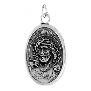 Picture of Sterling Silver Jesus with Crown of Thorns Sorrowful Mother Medal Necklace Oxidized finish Double Sided Oval 1.8mm Chain