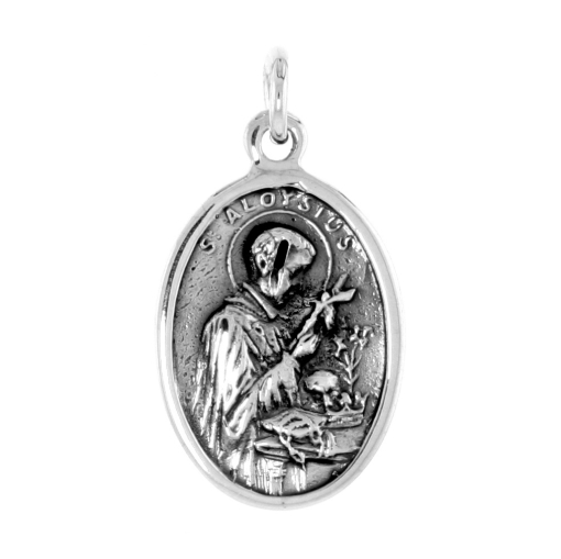 Picture of Sterling Silver St Aloysius and St Gabriel Medal Necklace Oxidized finish Oval 1.8mm Chain