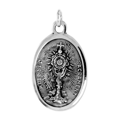 Picture of Sterling Silver St Charles Borromeo Medal with Blessed Sacrament Necklace Oxidized finish Oval 1.8mm Chain