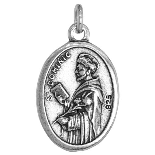 Picture of Sterling Silver St Dominic and Queen of the Most Holy Rosary Medal Pendant Oxidized finish 1 inch 0.8mm Chain