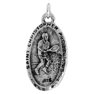 Picture of Sterling Silver St Christopher Medal Pendant Oxidized finish for Tennis Player Oval 1.8mm Chain