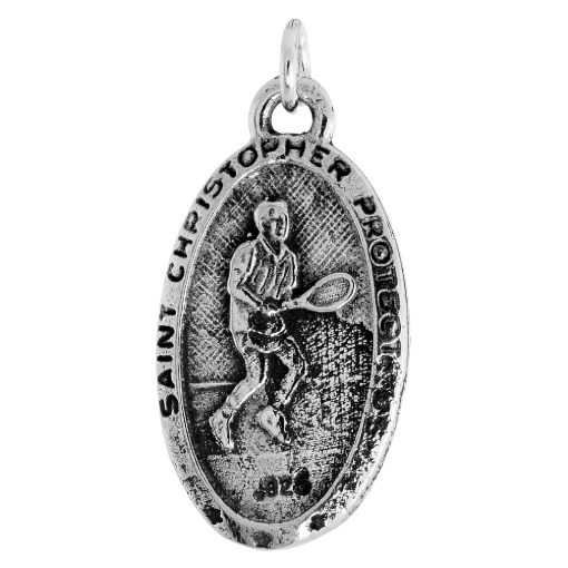 Picture of Sterling Silver St Christopher Medal Pendant Oxidized finish for Tennis Player Oval 1.8mm Chain