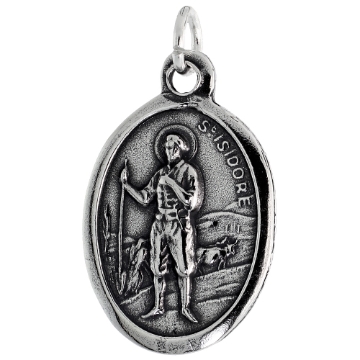 Picture of Sterling Silver St Isidore Medal Necklace Oxidized finish Oval 1.8mm Chain