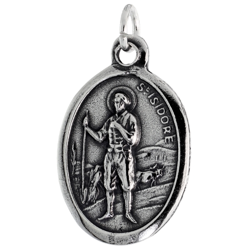 Picture of Sterling Silver St Isidore Medal Necklace Oxidized finish Oval 1.8mm Chain
