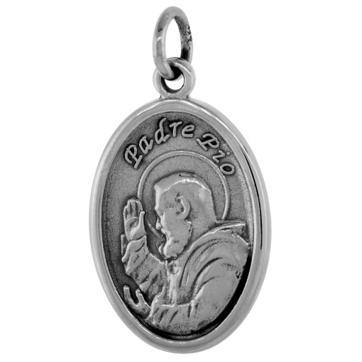 Picture of Sterling Silver St Padre Pio Medal Necklace Oxidized finish Oval 1.8mm Chain