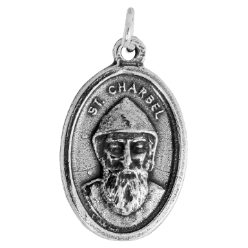 Picture of Sterling Silver St Charbel Medal Necklace Oxidized finish Oval 1.8mm Chain