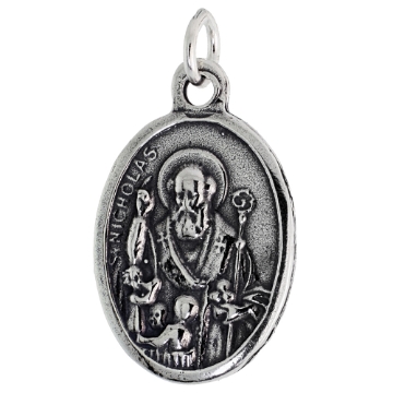 Picture of Sterling Silver St Nicholas Medal Necklace Oxidized finish Oval 1.8mm Chain