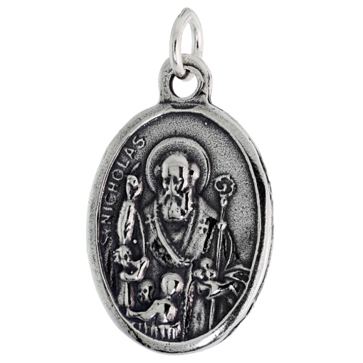 Picture of Sterling Silver St Nicholas Medal Necklace Oxidized finish Oval 1.8mm Chain