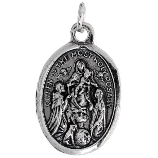 Picture of Sterling Silver Queen of the Most Holy Rosary Medal Necklace Oxidized finish Oval 1.8mm Chain