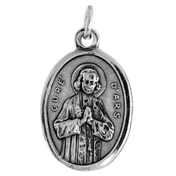 Picture of Sterling Silver St John Vianney Medal Necklace Oxidized finish Oval 1.8mm Chain
