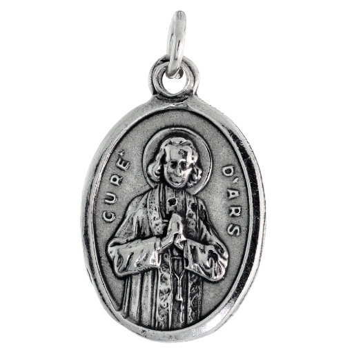 Picture of Sterling Silver St John Vianney Medal Necklace Oxidized finish Oval 1.8mm Chain