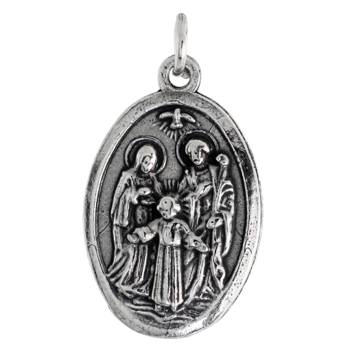 Picture of Sterling Silver Holy Family Medal Necklace Oxidized finish St Joseph Blessed Virgin Mary & Christ Oval 1.8mm Chain
