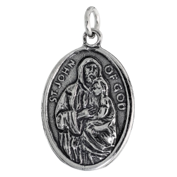 Picture of Sterling Silver St John of God San Juan de Dios Medal Necklace Oxidized finish Oval 1.8mm Chain