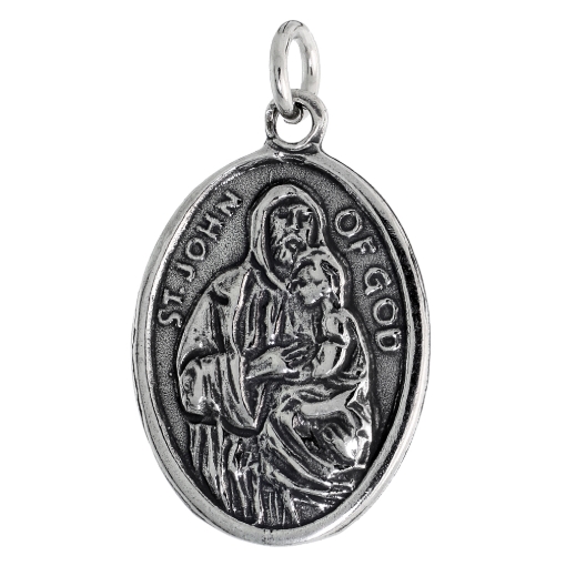 Picture of Sterling Silver St John of God San Juan de Dios Medal Necklace Oxidized finish Oval 1.8mm Chain