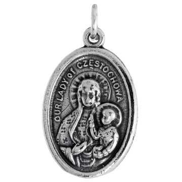 Picture of Sterling Silver Our Lady of Czestochowa Joannes Paulus II Medal Necklace Oxidized finish Oval 1.8mm Chain