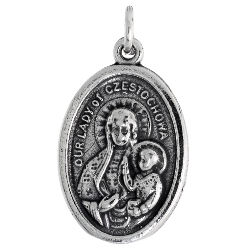 Picture of Sterling Silver Our Lady of Czestochowa Joannes Paulus II Medal Necklace Oxidized finish Oval 1.8mm Chain