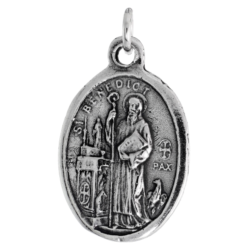 Picture of 7/8 inch Oval Sterling Silver San Benedetto de Norcia Medal Necklace Oxidized finish Available with or without Chain