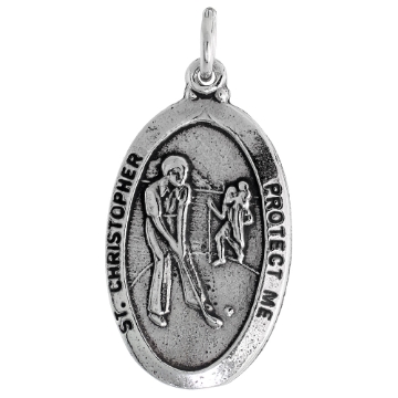 Picture of Sterling Silver St Christopher Medal Necklace Oxidized finish for Golf Players Oval 1.8mm Chain
