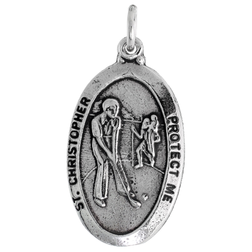 Picture of Sterling Silver St Christopher Medal Necklace Oxidized finish for Golf Players Oval 1.8mm Chain
