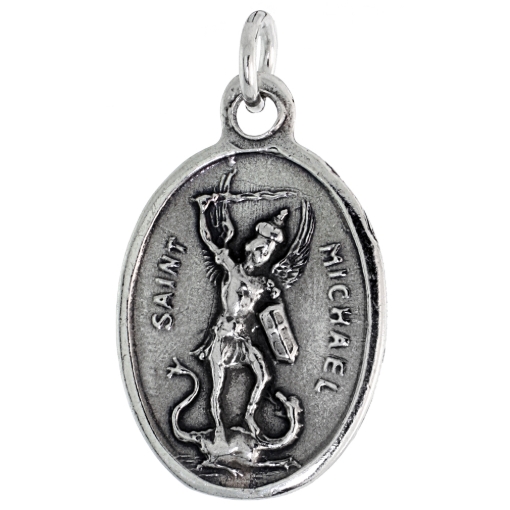 Picture of Sterling Silver St Michael Medal Necklace Oxidized finish Oval 1.8mm Chain