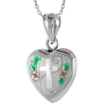 Picture of Very Tiny 1/2 inch Sterling Silver Cross Locket Necklace for Women Heart shape Green & Pink Enamel 16-20 inch