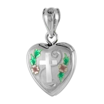 Picture of Small 5/8 inch Sterling Silver Cross Locket Necklace for Women Heart shape Green & Pink Enamel 16-20 inch