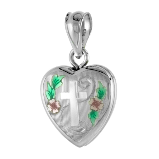 Picture of Small 5/8 inch Sterling Silver Cross Locket Necklace for Women Heart shape Green & Pink Enamel 16-20 inch