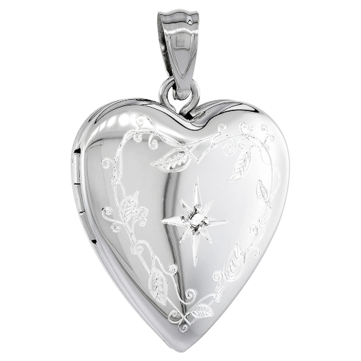 Picture of 3/4 inch Sterling Silver Diamond Heart Locket Necklace for Women Engraved Star 16-20 inch
