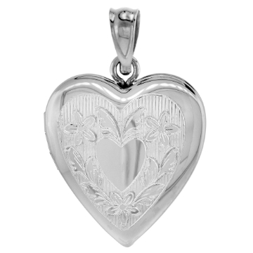 Picture of 3/4 inch Sterling Silver Heart Locket Necklace for Women Floral Engraving 16-20 inch