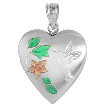 Picture of 3/4 inch Sterling Silver Hummingbird Locket Necklace for Women Heart shape 16-20 inch