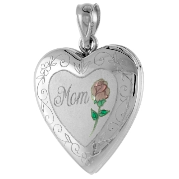 Picture of 3/4 inch Sterling Silver Heart Locket Necklace for Women MOM & Red Rose 16-20 inch