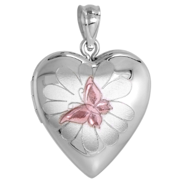 Picture of 3/4 inch Sterling Silver Butterfly on Flower Locket Necklace for Women Heart Shape Pink Enamel 16-20 inch