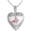 Picture of 3/4 inch Sterling Silver Butterfly on Flower Locket Necklace for Women Heart Shape Pink Enamel 16-20 inch