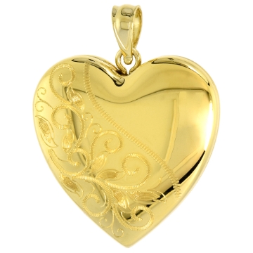 Picture of Gold plated 1 inch Sterling Silver Heart Locket Necklace for Women Scroll Etching 16-24 inch