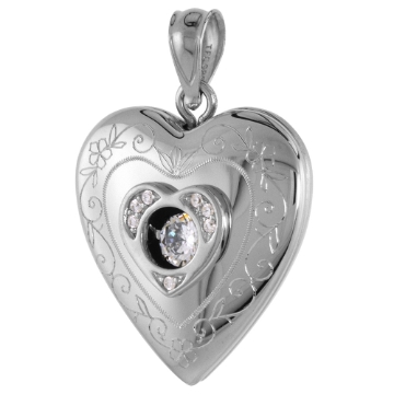 Picture of 3/4 inch Sterling Silver Cubic Zirconia Dancing Stone Heart Locket Necklace for Women Scroll Etching