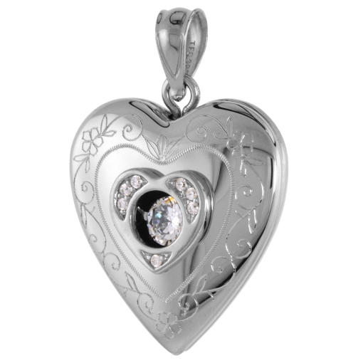 Picture of 3/4 inch Sterling Silver Cubic Zirconia Dancing Stone Heart Locket Necklace for Women Scroll Etching