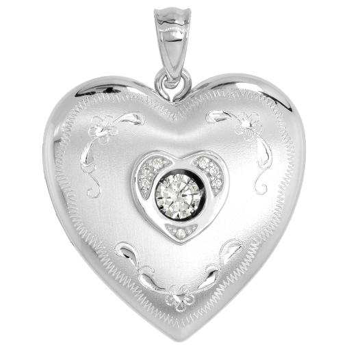 Picture of 1 inch Sterling Silver Cubic Zirconia Dancing Stone Heart Locket Necklace for Women Floral Etching