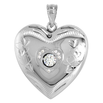 Picture of 1 inch Sterling Silver Cubic Zirconia Dancing Stone Heart Locket Necklace for Women Hearts Etching