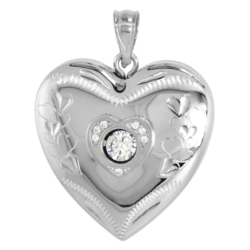 Picture of 1 inch Sterling Silver Cubic Zirconia Dancing Stone Heart Locket Necklace for Women Hearts Etching