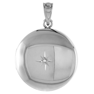Picture of 3/4 inch Round Sterling Silver Diamond Locket Necklace for Women Starburst Set Polished Finish, 16-20 inch