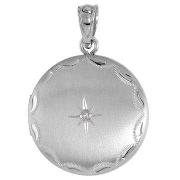 Picture of 3/4 inch Round Sterling Silver Diamond Locket Necklace for Women Starburst Set Engraved Rim, 16-20 inch