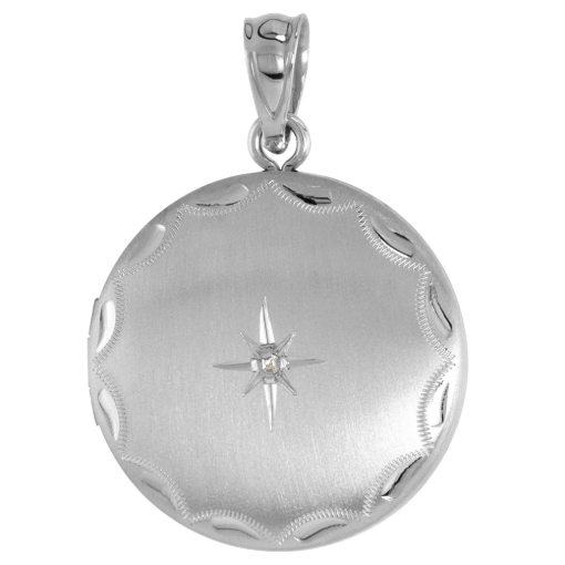 Picture of 3/4 inch Round Sterling Silver Diamond Locket Necklace for Women Starburst Set Engraved Rim, 16-20 inch