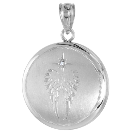 Picture of 3/4 inch Round Sterling Silver Diamond Angel Wings Locket Necklace for Women 16-18 inch