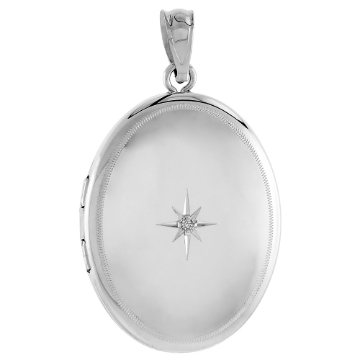Picture of Sterling Silver Diamond Oval Locket Necklace Starburst Set Etched Border 1 1/32 inch