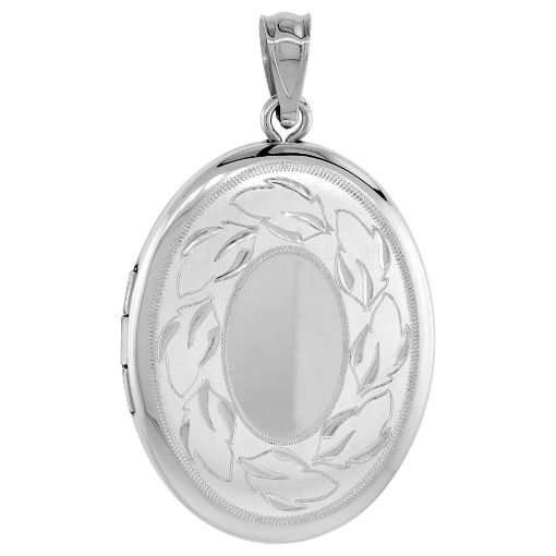 Picture of Sterling Silver Oval Locket Necklace Oak Leaves Motif Engraveable Center 1 1/32 inch