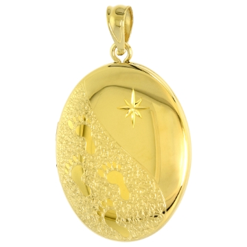 Picture of Gold plated Sterling Silver Footprints Locket Necklace Oval Star Above 1 inch (26mm) tall