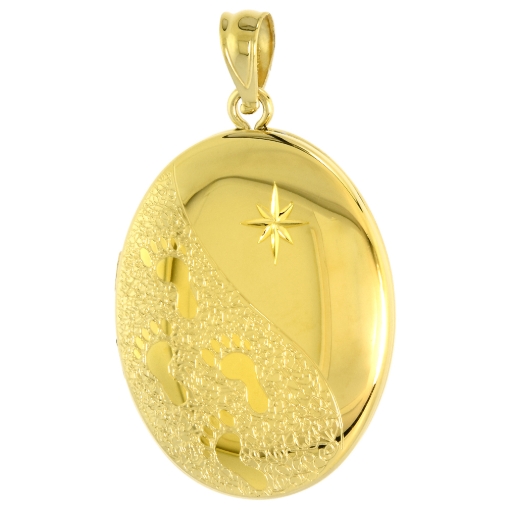 Picture of Gold plated Sterling Silver Footprints Locket Necklace Oval Star Above 1 inch (26mm) tall