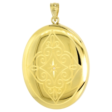 Picture of Large Oval Gold plated Sterling Silver Diamond Locket Necklace Etched Scrollwork 1 3/8 inch