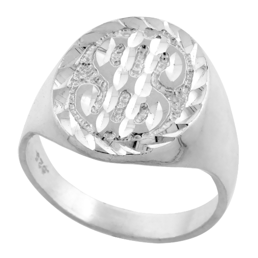 Picture of Sterling Silver Nugget Dollar Sign Ring Oval Diamond Cut Finish 3/4 inch wide sizes 8 - 13
